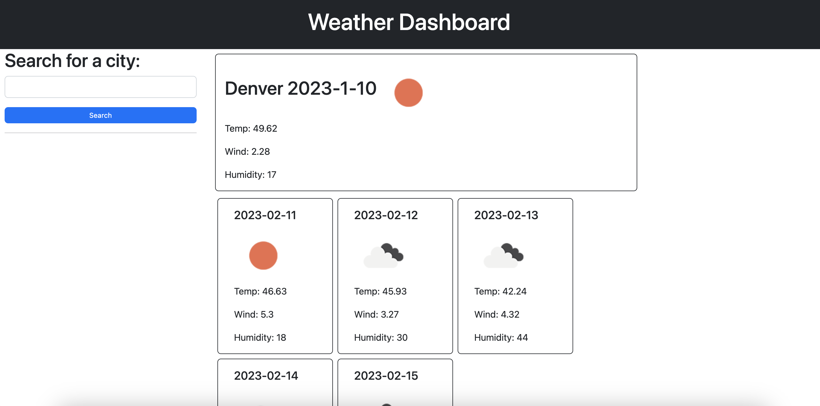 A weather dashboard with search and past cities on the side.